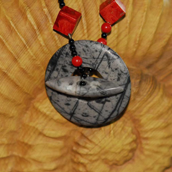 Red Coral Statement Necklace with Onyx and a Picasso Jasper Focal Toggle Clasp