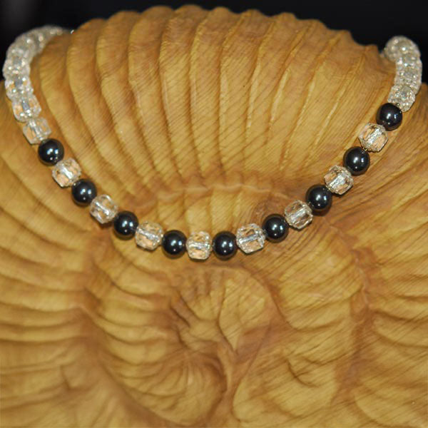 Vintage Sterling Silver Necklace with Smoky Mirror Crystal Beads along with Hematite and Czech Cathedral Glass