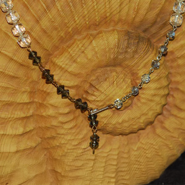 Vintage Sterling Silver Necklace with Smoky Mirror Crystal Beads along with Hematite and Czech Cathedral Glass