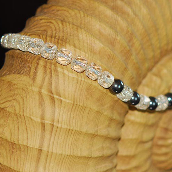 Vintage Sterling Silver Necklace with Smoky Mirror Crystal Beads along with Hematite and Czech Cathedral Glass