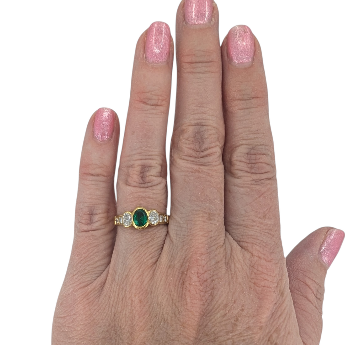 Estate 18K Oval Emerald & Oval Diamond Ring