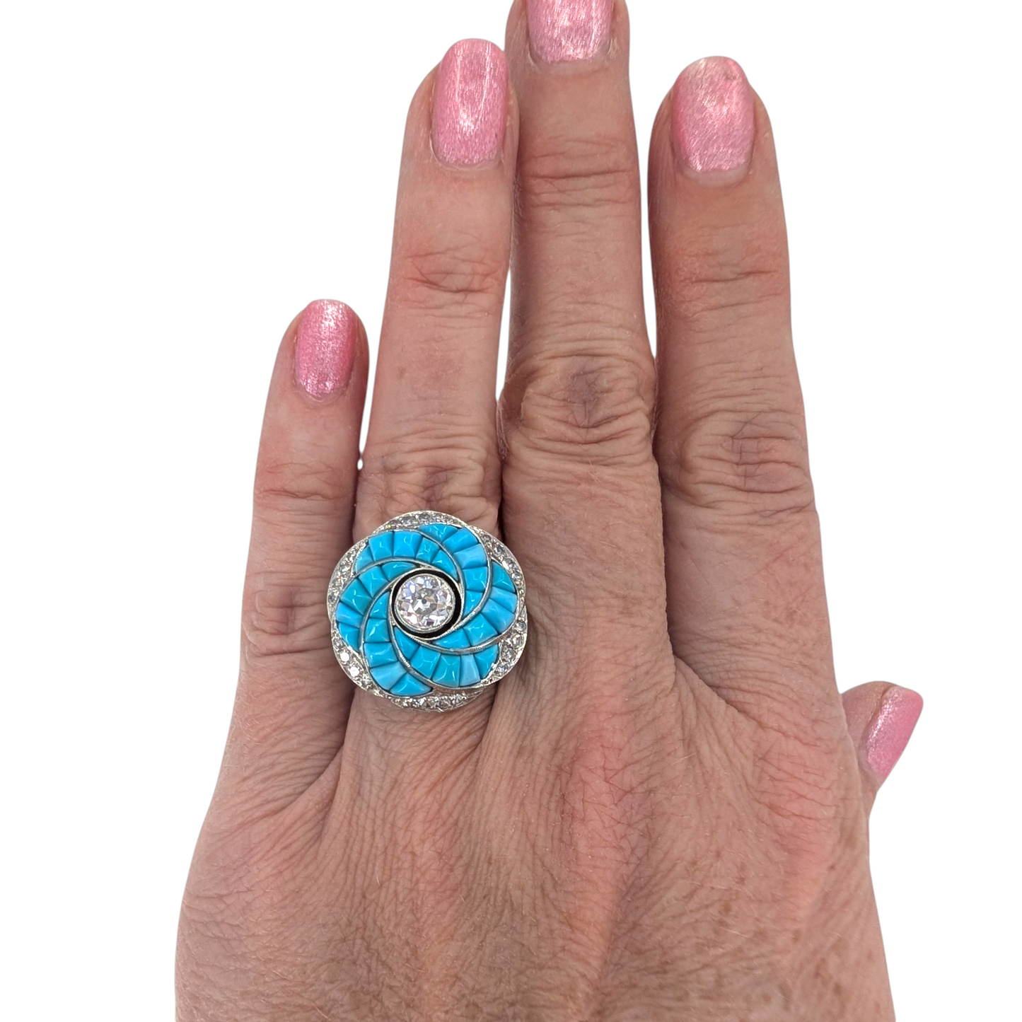 Estate Custom Turquoise & Diamond Platinum Ring