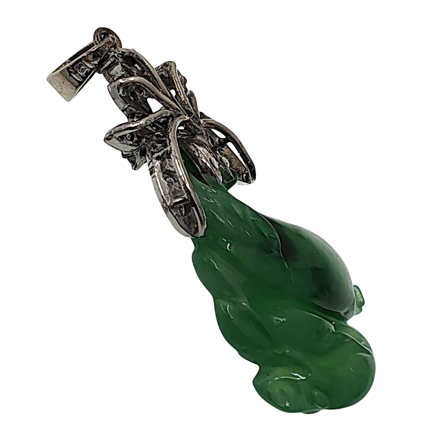 Vintage 18K White Gold Carved Jade Pendant with Diamonds