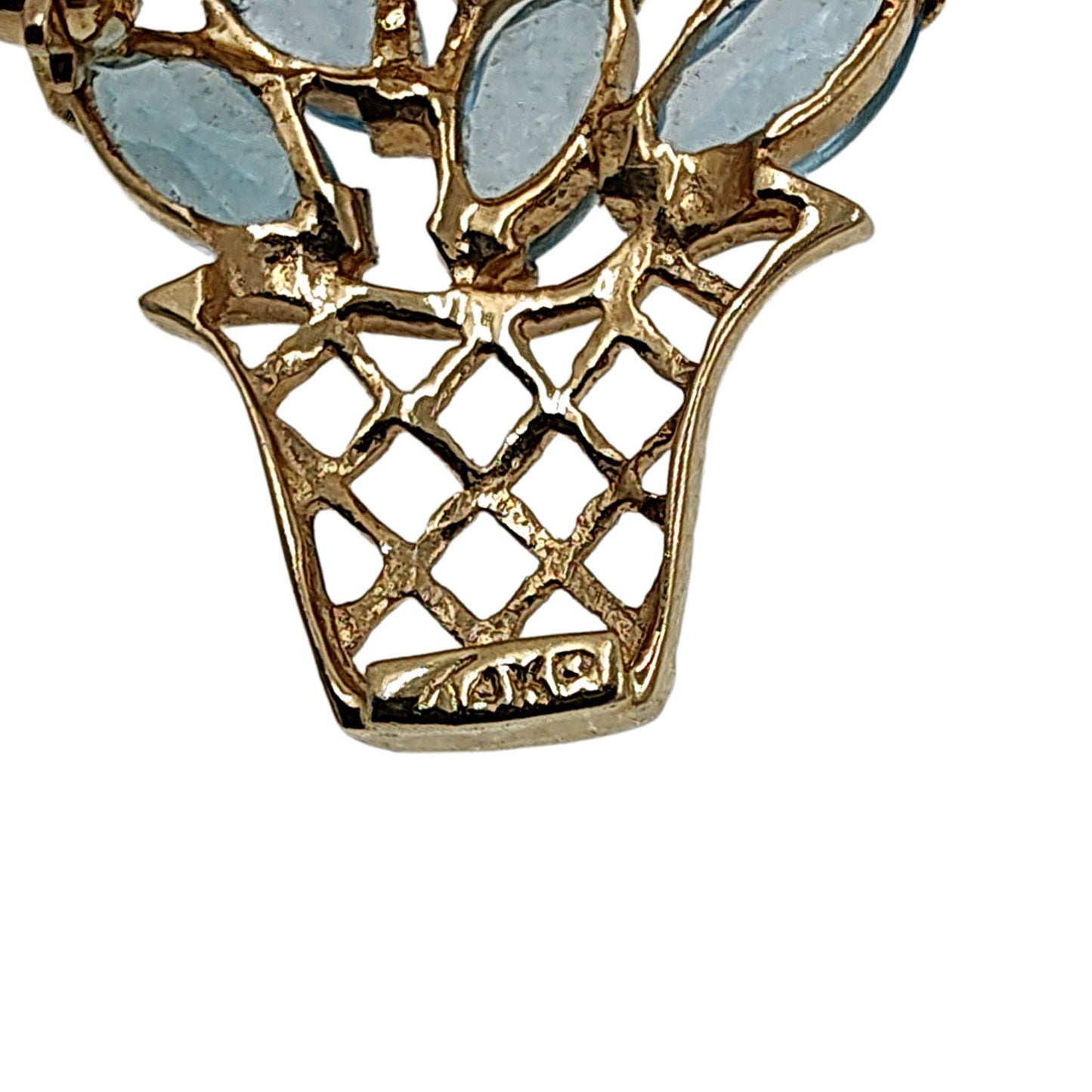 14K Gold Blue Topaz Flower Basket Pin or Pendant