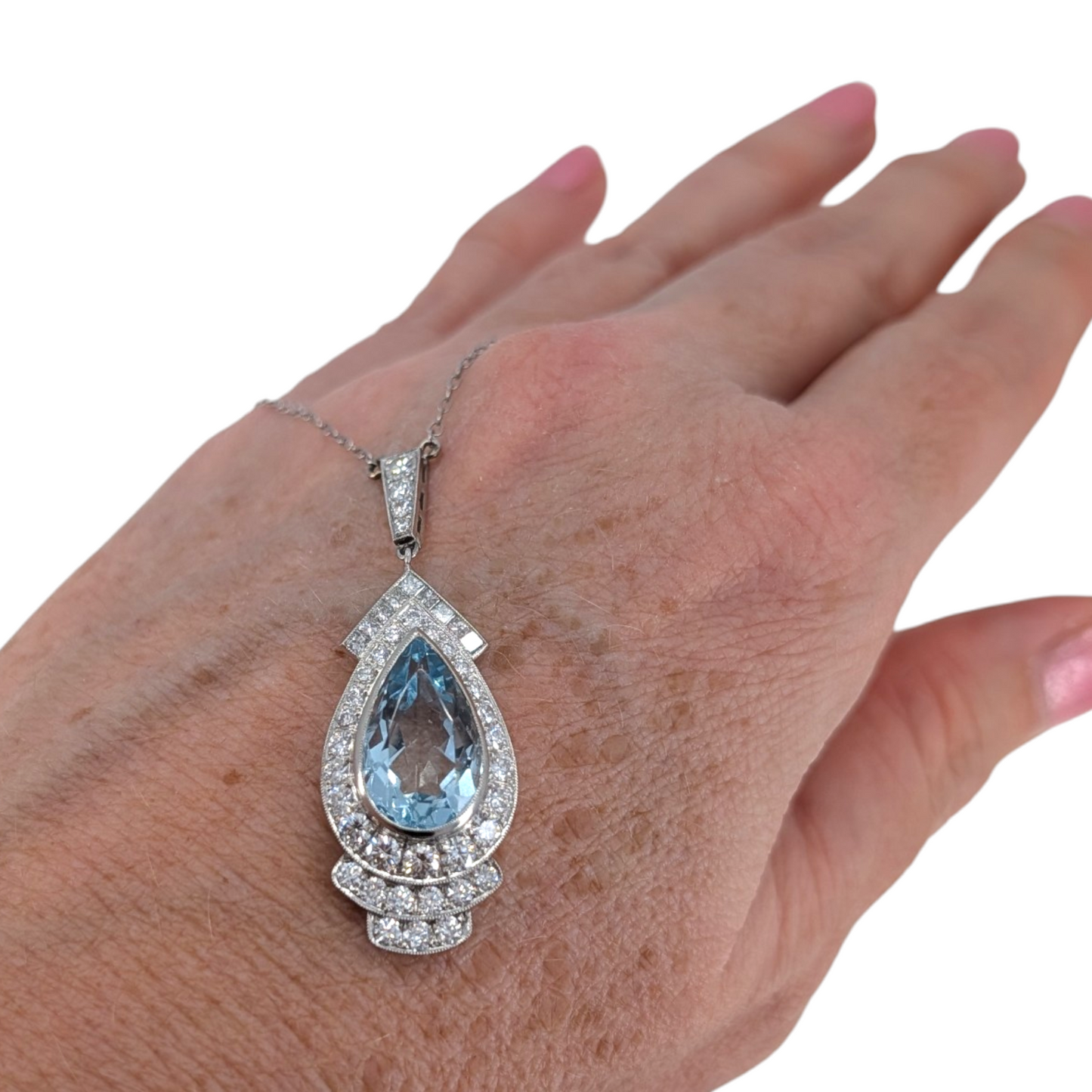 Art Deco Style Pear Aquamarine & Diamond Platinum Necklace