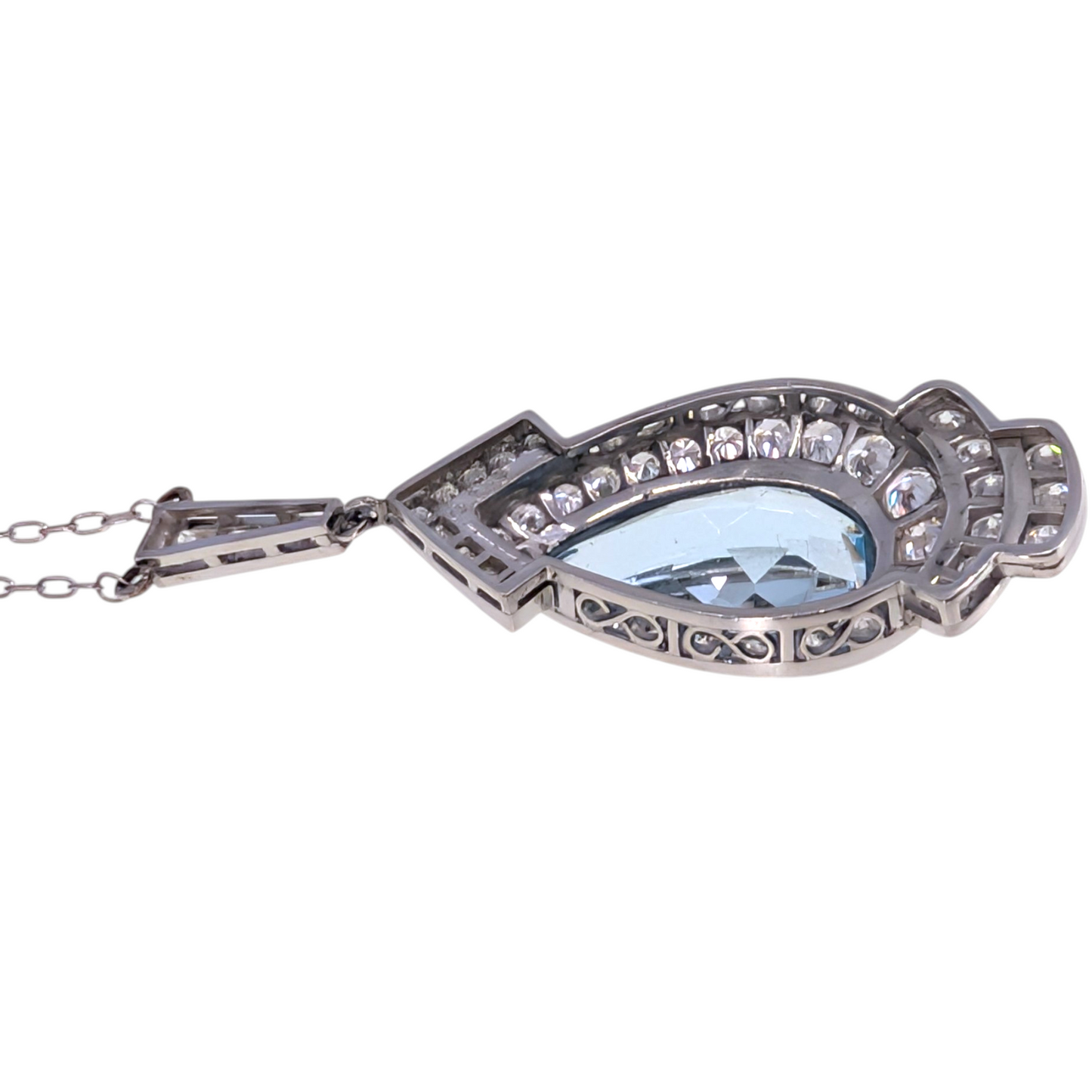 Art Deco Style Pear Aquamarine & Diamond Platinum Necklace