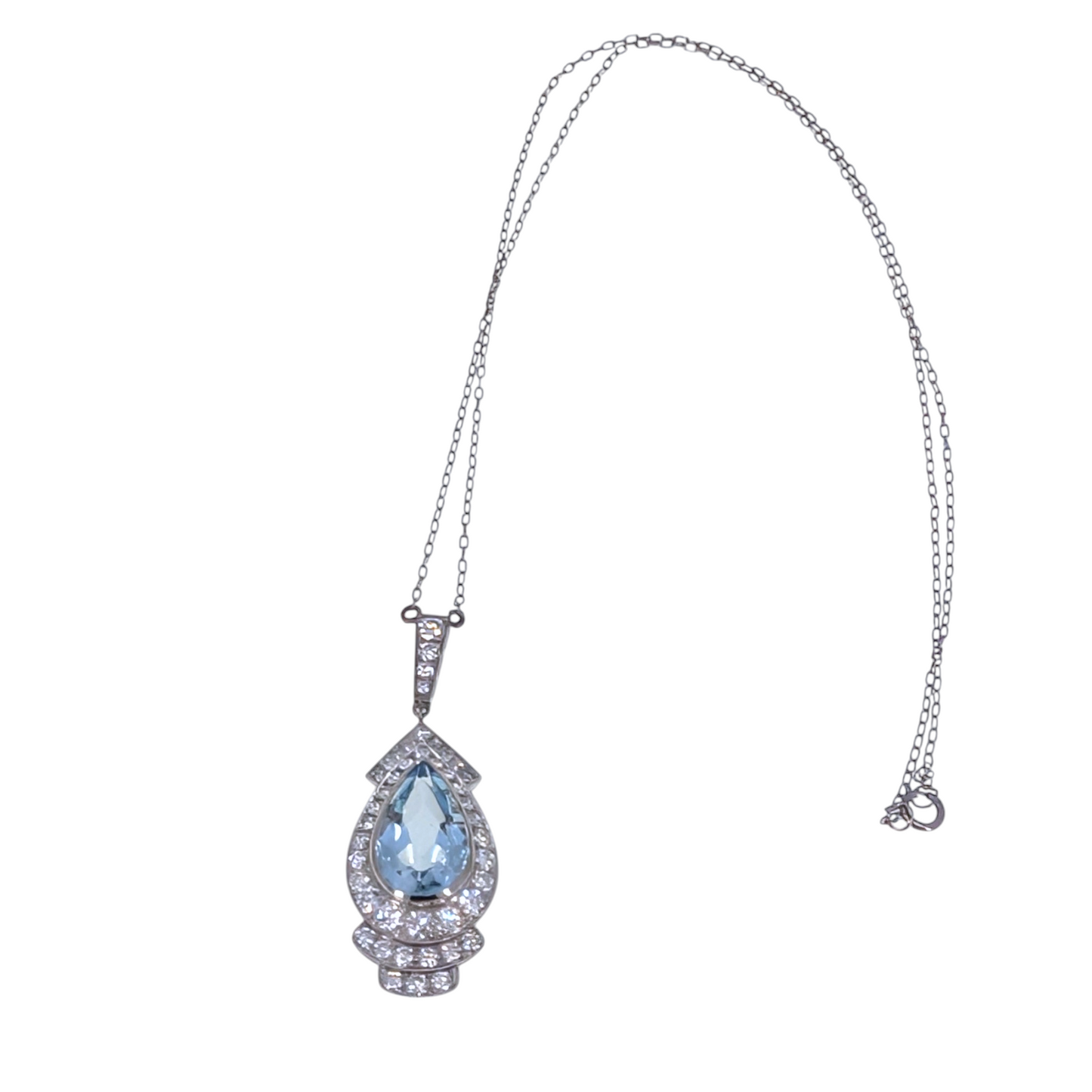 Art Deco Style Pear Aquamarine & Diamond Platinum Necklace