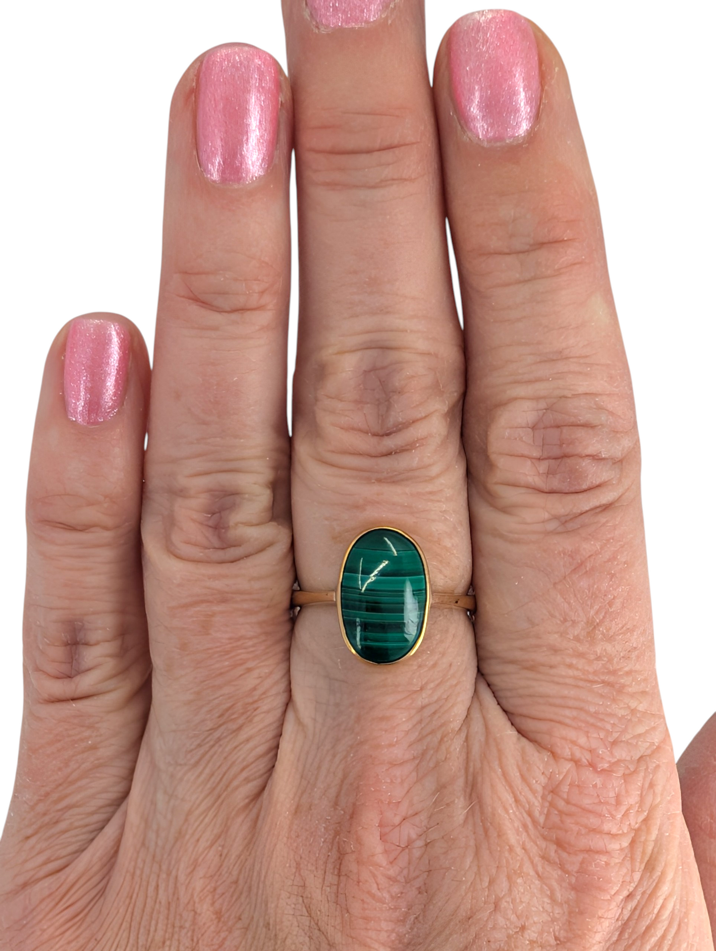 14K Gold Oval Malachite Ring Size 7