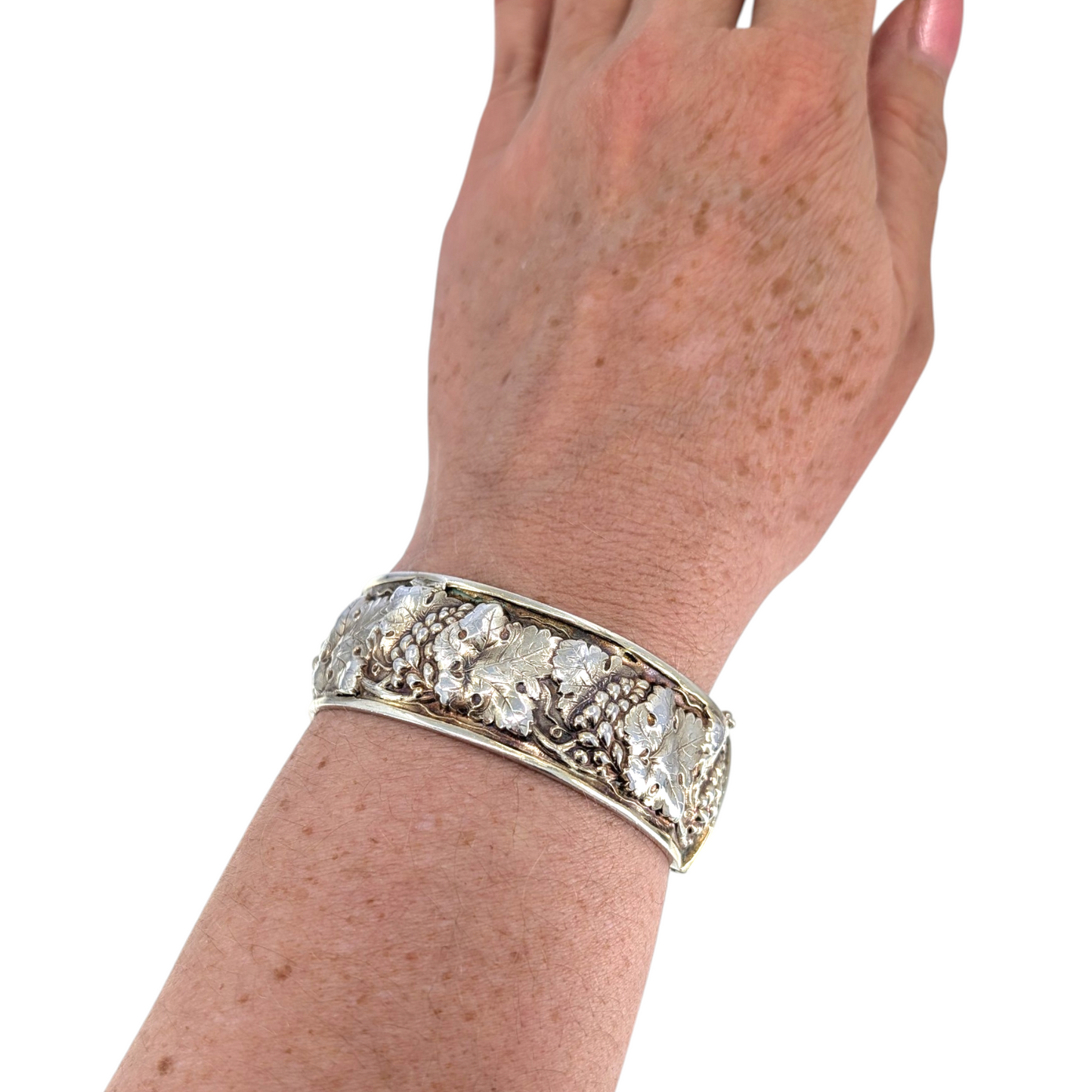 Antique Repousse Sterling Silver Grapevine Hinged Bangle Bracelet