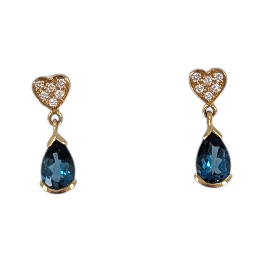 Diamond Heart & London Blue Topaz Drop Earrings