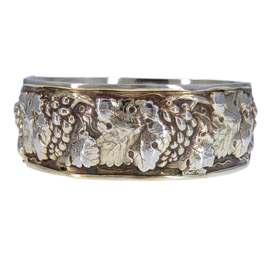 Antique Repousse Sterling Silver Grapevine Hinged Bangle Bracelet