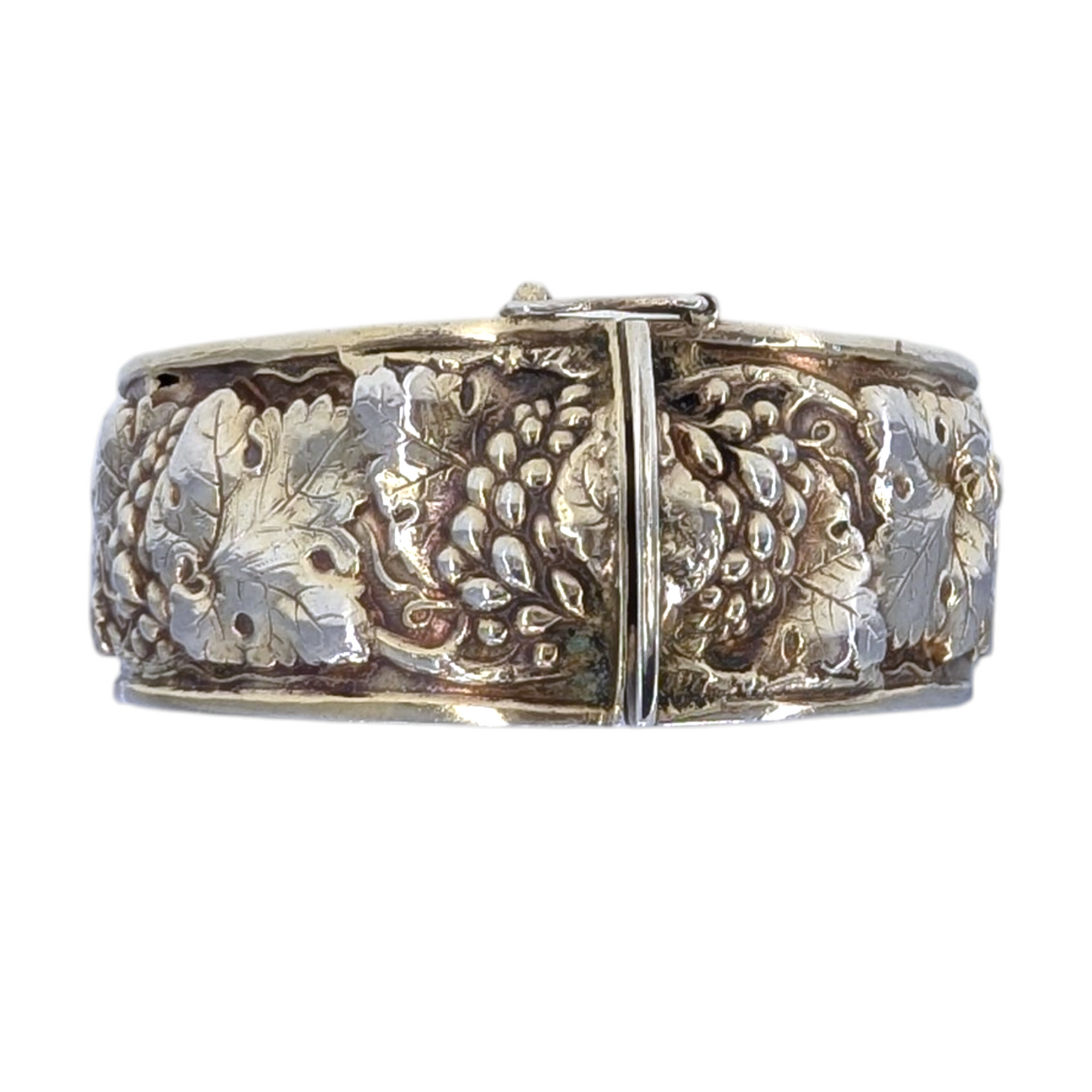 Antique Repousse Sterling Silver Grapevine Hinged Bangle Bracelet