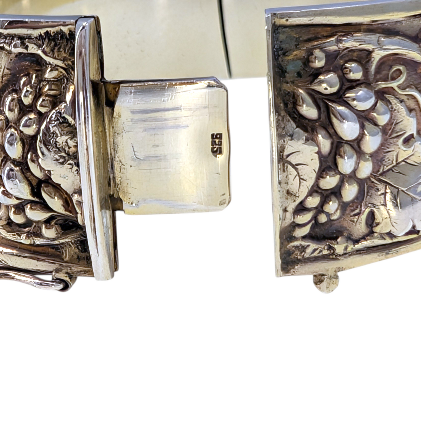 Antique Repousse Sterling Silver Grapevine Hinged Bangle Bracelet