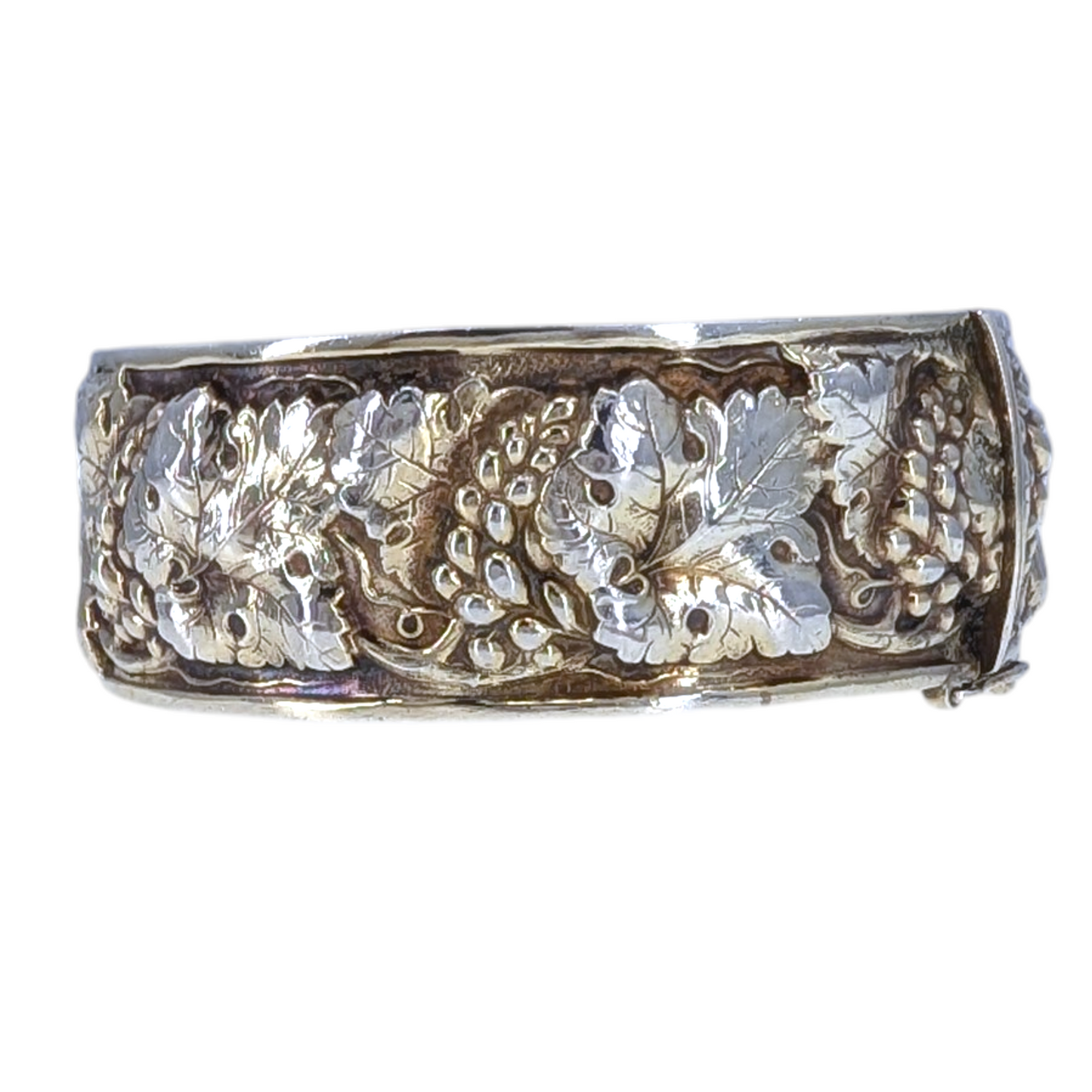 Antique Repousse Sterling Silver Grapevine Hinged Bangle Bracelet