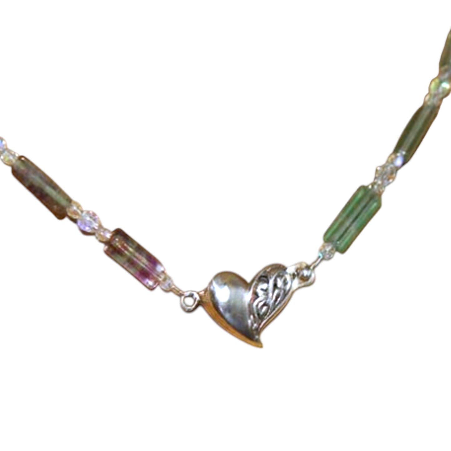 Rainbow Fluorite Necklace with Sterling Silver Heart Focal Clasp