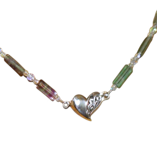 Rainbow Fluorite Necklace with Sterling Silver Heart Focal Clasp