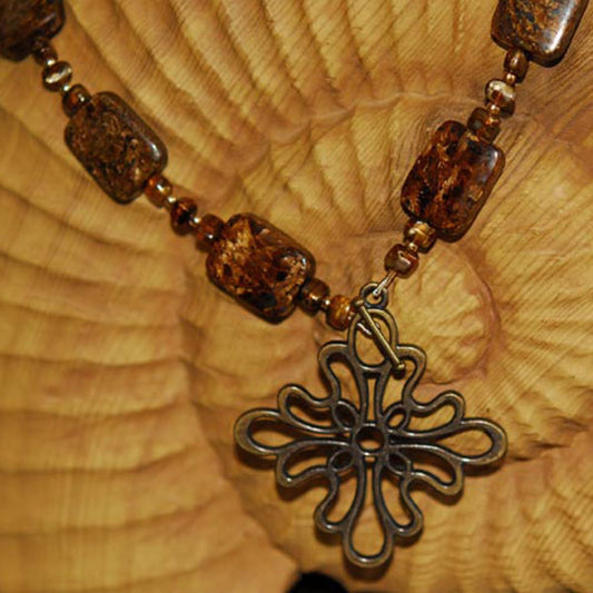 Bronzite Necklace with Bronze Finished Floral Focal Toggle Clasp