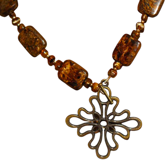 Bronzite Necklace with Bronze Finished Floral Focal Toggle Clasp