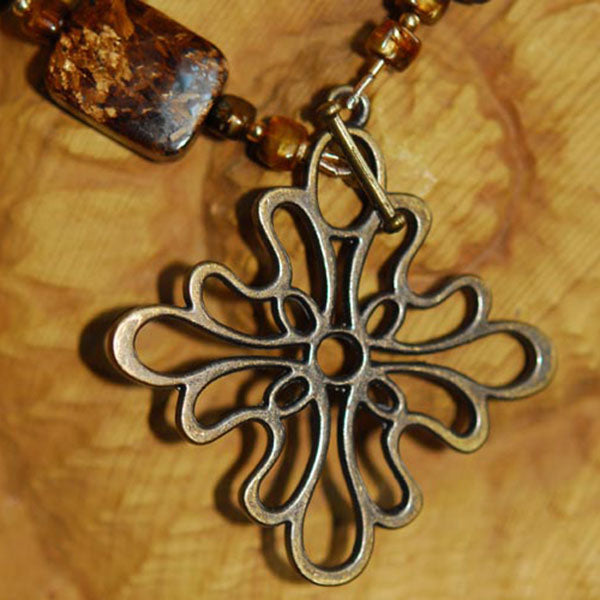 Bronzite Necklace with Bronze Finished Floral Focal Toggle Clasp