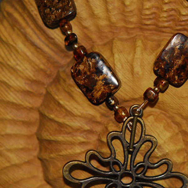 Bronzite Necklace with Bronze Finished Floral Focal Toggle Clasp