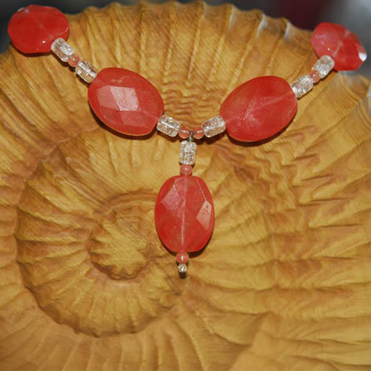 Cherry Blossom Quartz and Czech Crackle Glass Necklace with Vintage Silver Tone & Rhinestone Floral Clasp