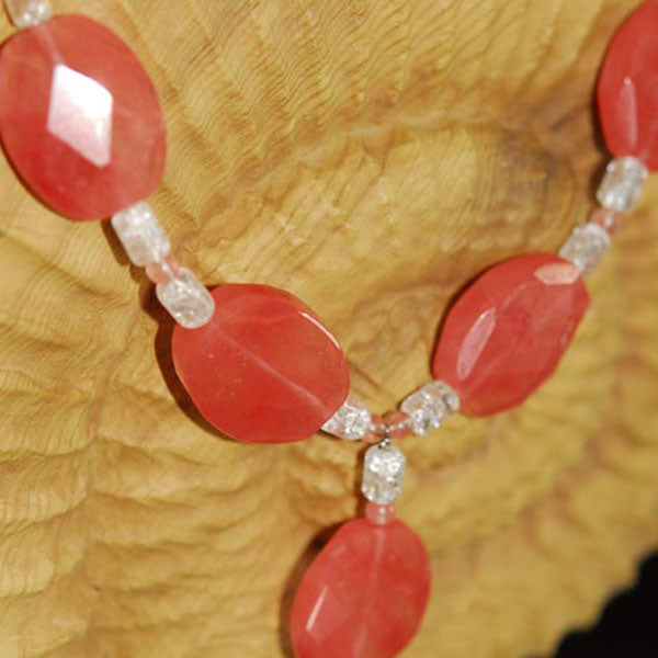 Cherry Blossom Quartz and Czech Crackle Glass Necklace with Vintage Silver Tone & Rhinestone Floral Clasp
