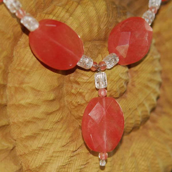 Cherry Blossom Quartz and Czech Crackle Glass Necklace with Vintage Silver Tone & Rhinestone Floral Clasp