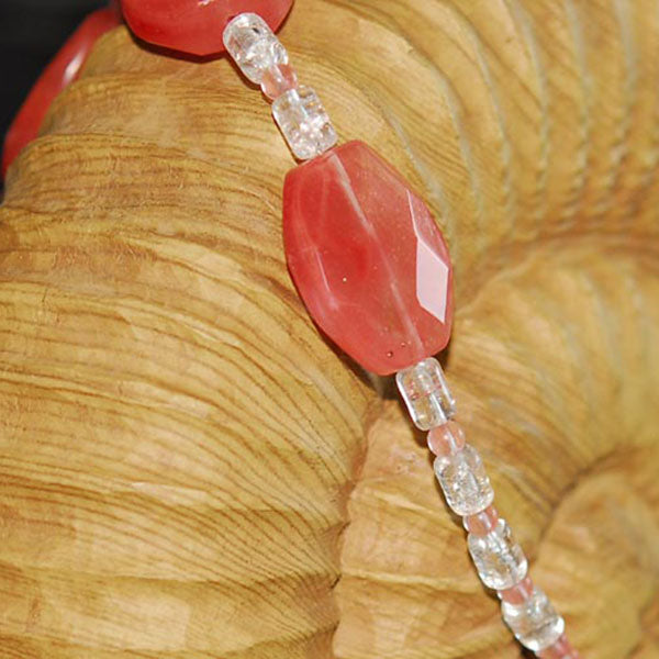 Cherry Blossom Quartz and Czech Crackle Glass Necklace with Vintage Silver Tone & Rhinestone Floral Clasp
