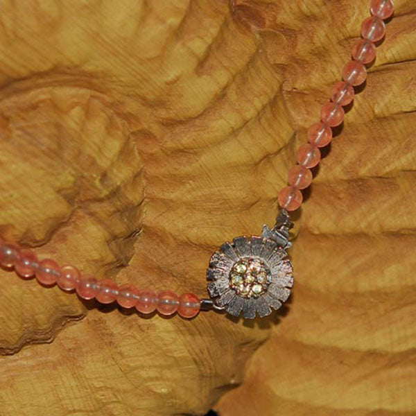 Cherry Blossom Quartz and Czech Crackle Glass Necklace with Vintage Silver Tone & Rhinestone Floral Clasp