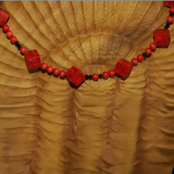 Red Coral Statement Necklace with Onyx and a Picasso Jasper Focal Toggle Clasp