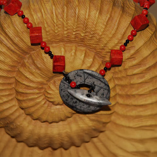 Red Coral Statement Necklace with Onyx and a Picasso Jasper Focal Toggle Clasp