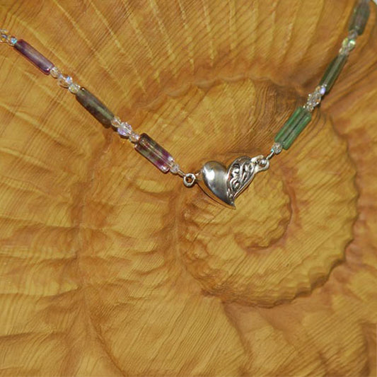Fluorite Rainbow Necklace with Sterling Silver Half Filigree Heart Focal Clasp