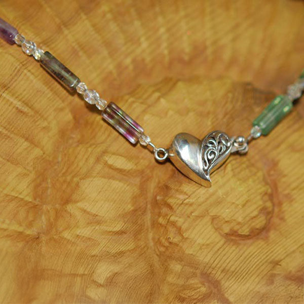 Fluorite Rainbow Necklace with Sterling Silver Half Filigree Heart Focal Clasp