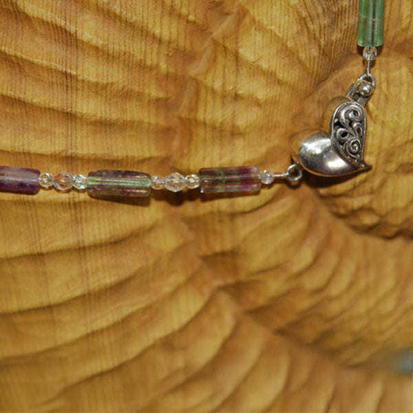 Fluorite Rainbow Necklace with Sterling Silver Half Filigree Heart Focal Clasp