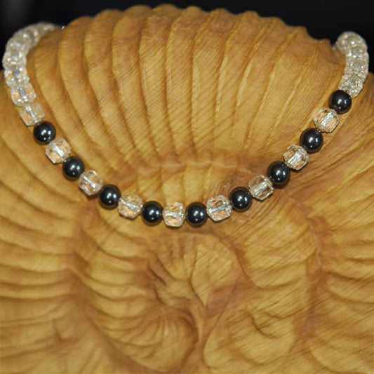 Vintage Sterling Silver Necklace with Smoky Mirror Crystal Beads along with Hematite and Czech Cathedral Glass