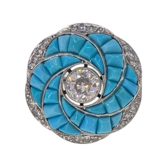 Estate Custom Turquoise & Diamond Platinum Ring