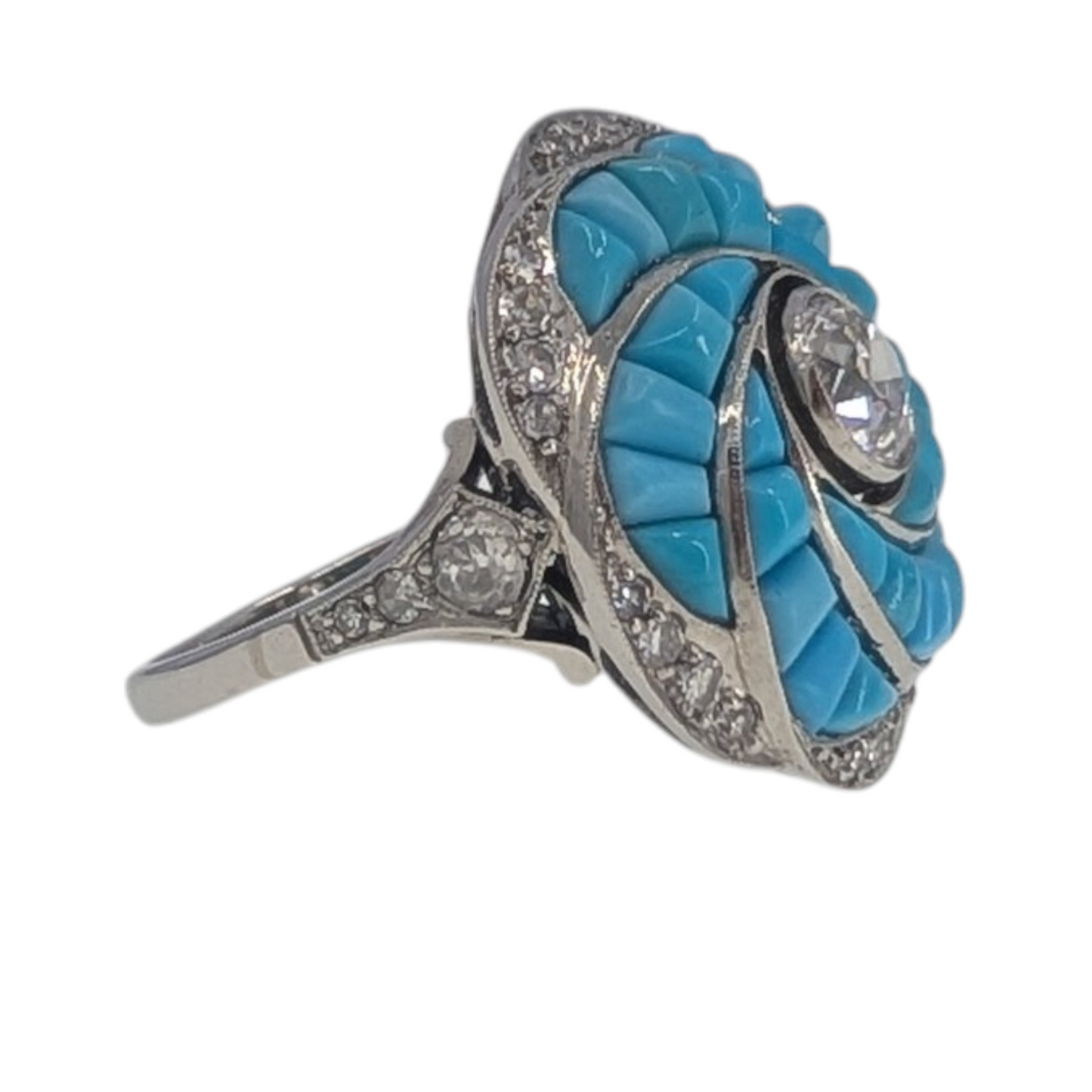 Estate Custom Turquoise & Diamond Platinum Ring