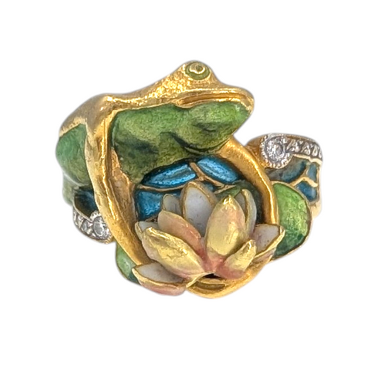 Masriera 18K Enamel Frog & Water Lily Ring