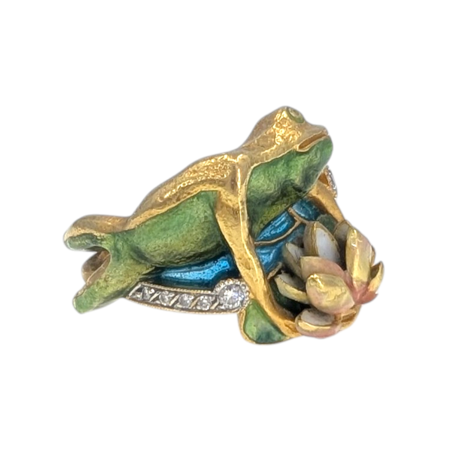 Masriera 18K Enamel Frog & Water Lily Ring