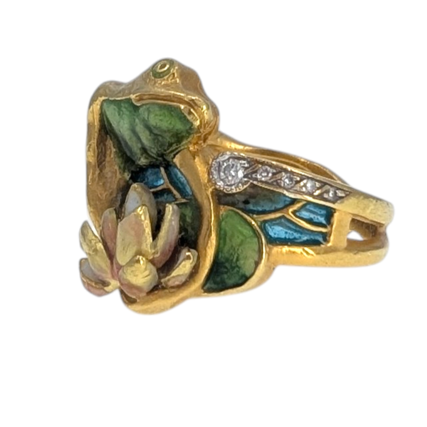 Masriera 18K Enamel Frog & Water Lily Ring