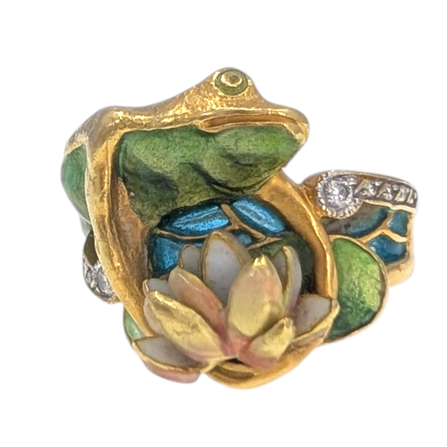 Masriera 18K Enamel Frog & Water Lily Ring