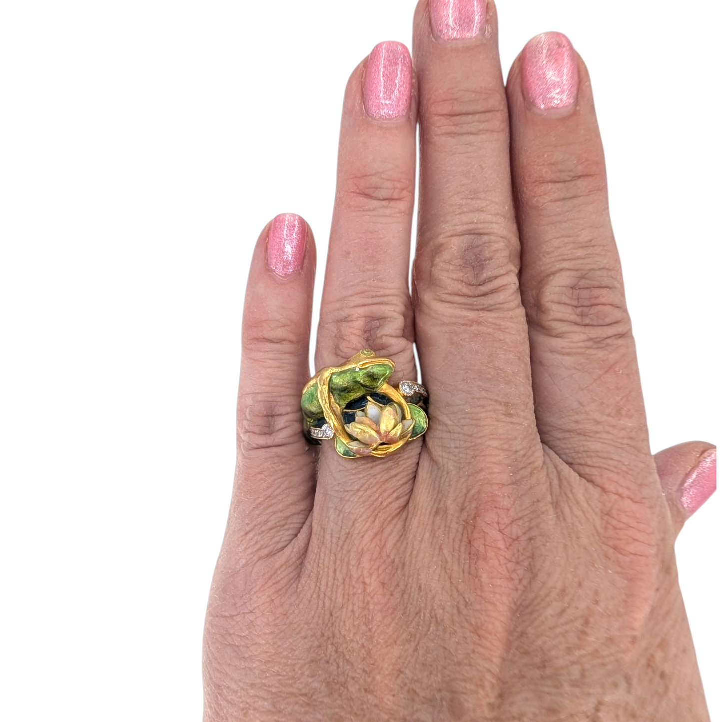 Masriera 18K Enamel Frog & Water Lily Ring