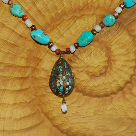 Vintage Mosaic Egg Pendant on a Turquoise Nugget Necklace
