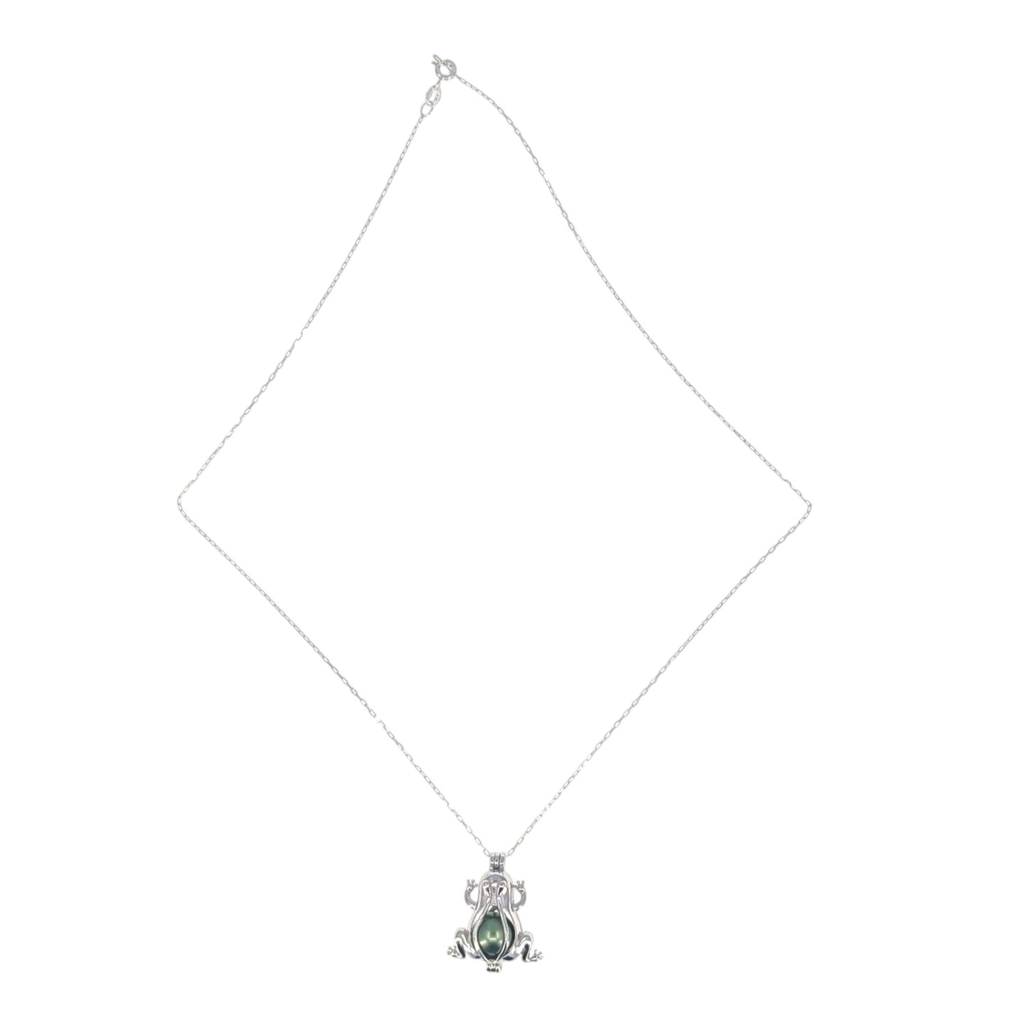 Green Tahitian Pearl Sterling Silver Frog Pendant Necklace