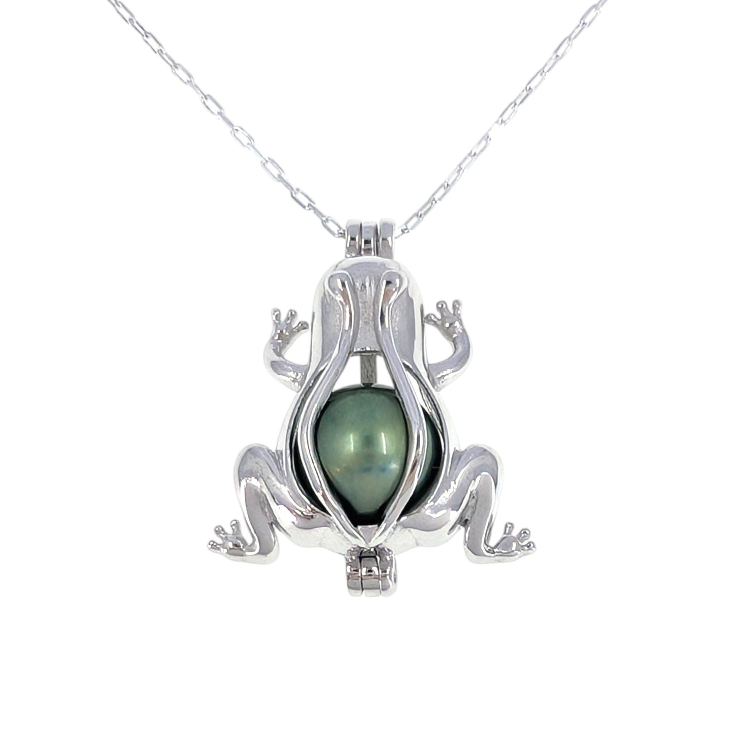 Green Tahitian Pearl Sterling Silver Frog Pendant Necklace