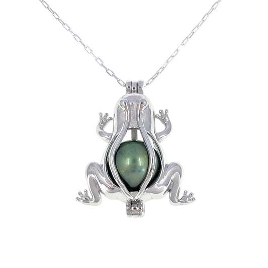 Green Tahitian Pearl Sterling Silver Frog Pendant Necklace