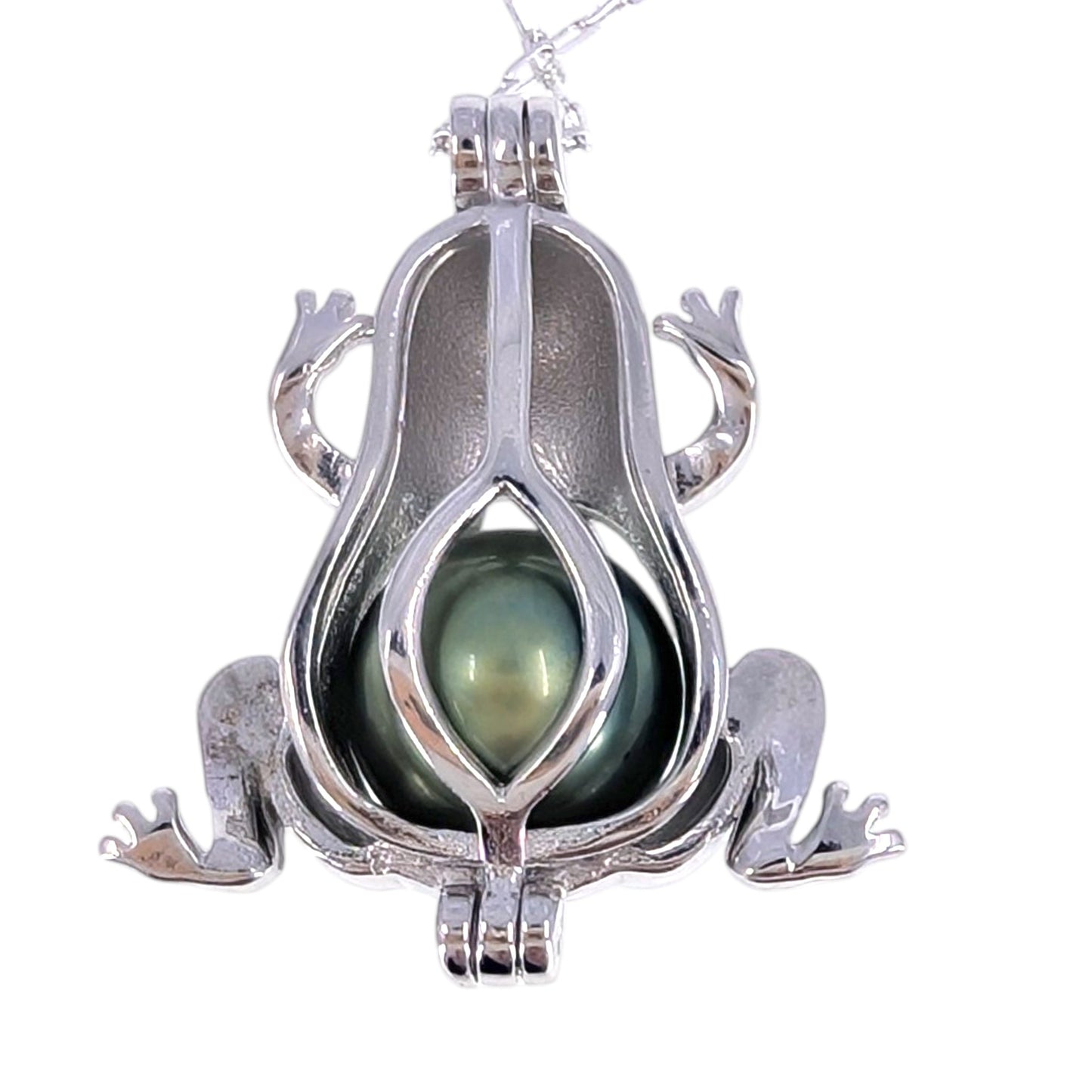 Green Tahitian Pearl Sterling Silver Frog Pendant Necklace