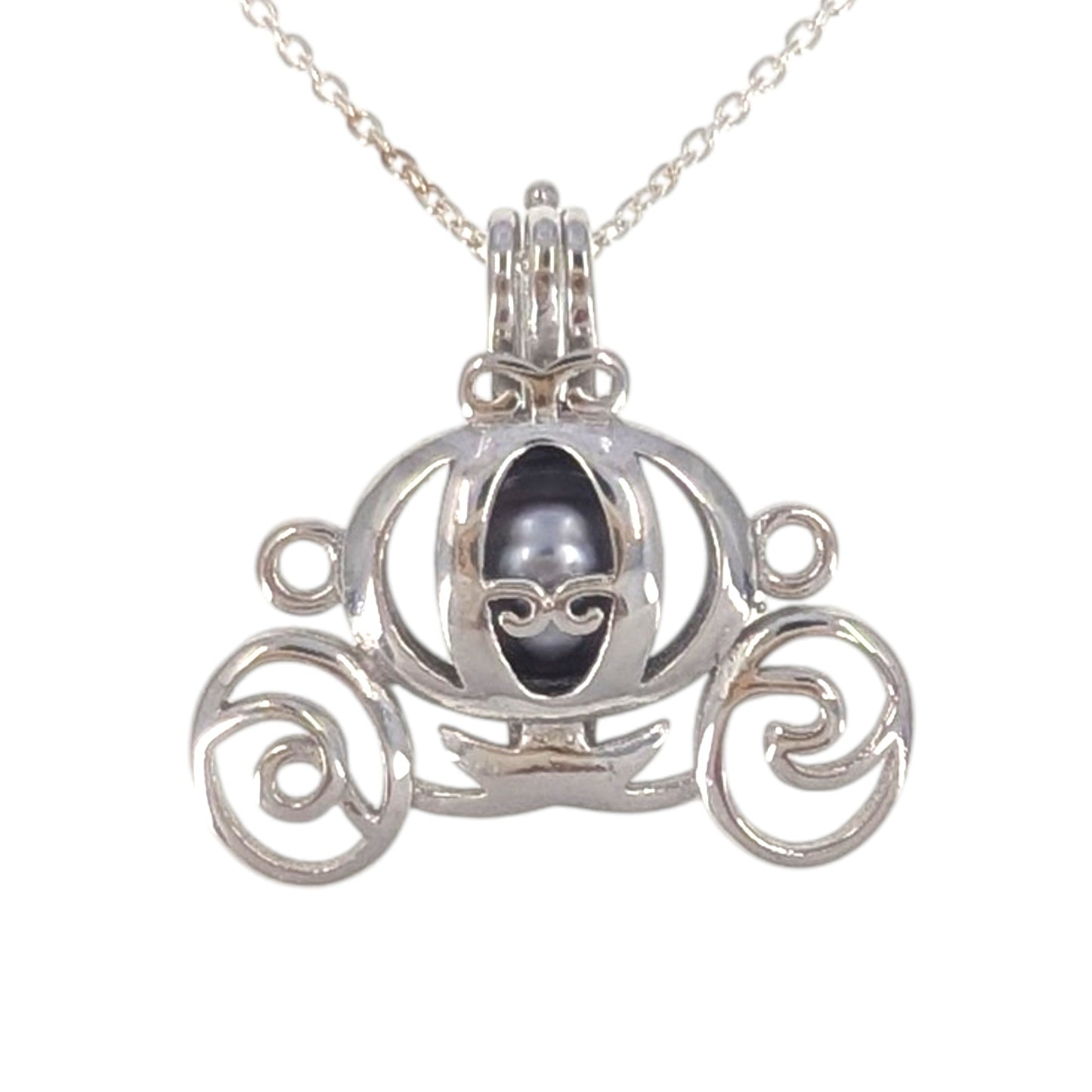 Sterling Silver Cinderella Carriage Tahitian Pearl Pendant Necklace