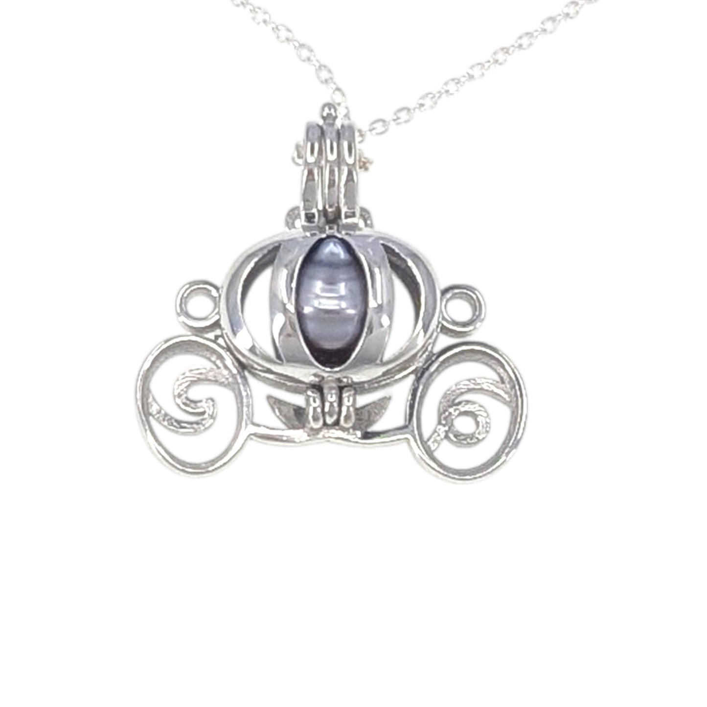 Sterling Silver Cinderella Carriage Tahitian Pearl Pendant Necklace