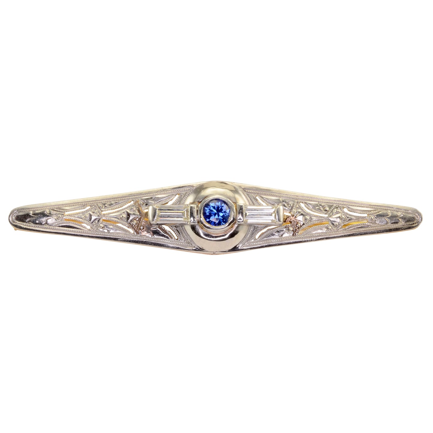 Art Deco Ceylon Sapphire and VVS1 Diamond Bar Pin